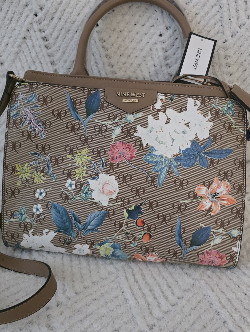Nine West Brown Floral Satchel with Blue and Pink Flowers